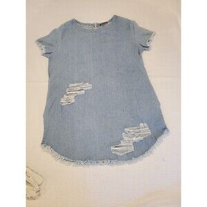 Fashion Nova Women Dress XL Blue Cotton Short Sleeve Distressed Shift Mini Denim
